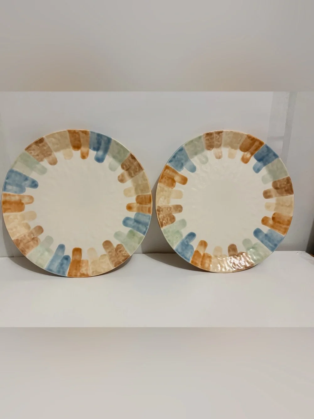 Ashland Ceramic Dinner Plates with Blue, Green & Tan Brushstroke Rim - Set of 2